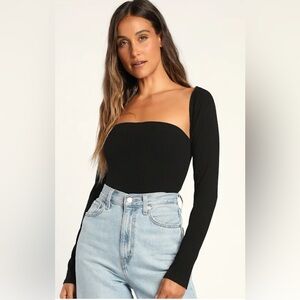Lulus Black Ribbed Cutout Long Sleeve Bodysuit